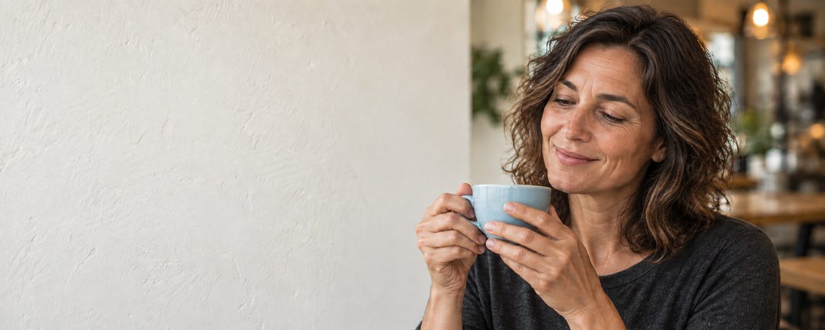A woman with wavy brown hair holds a light blue ceramic mug near her face, smiling in a softly lit indoor setting with a textured off-white wall on the left.
