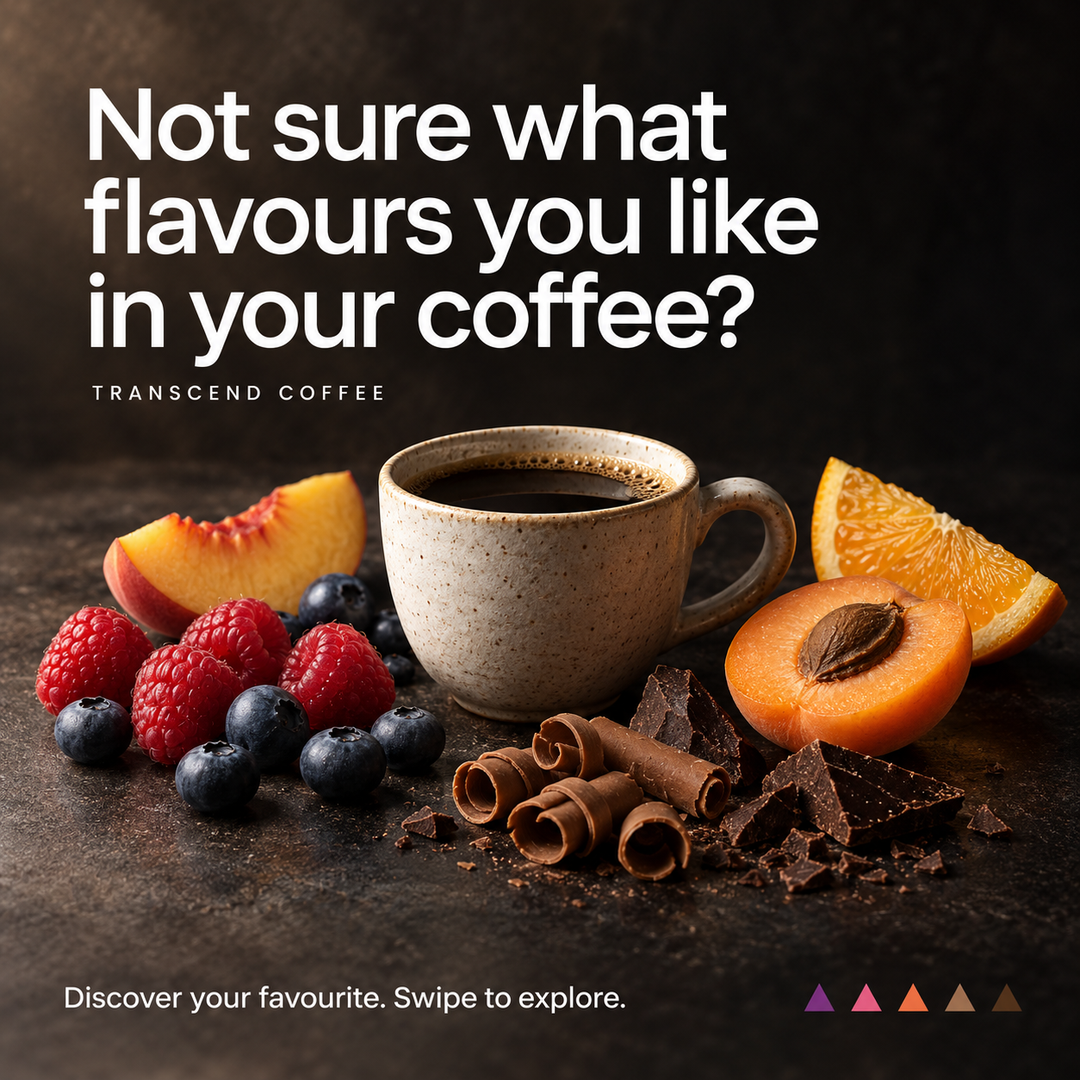 A coffee-themed promotional graphic with a speckled ceramic cup of black coffee on a dark tabletop, surrounded by fruit slices, berries, chocolate pieces, and cinnamon sticks. Large white text reads, 'Not sure what flavours you like in your coffee?' with 'TRANSCEND COFFEE' below it and 'Discover your favourite.