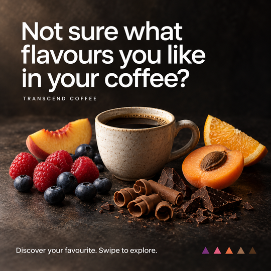 A coffee-themed promotional graphic with a speckled ceramic cup of black coffee on a dark tabletop, surrounded by fruit slices, berries, chocolate pieces, and cinnamon sticks. Large white text reads, 'Not sure what flavours you like in your coffee?' with 'TRANSCEND COFFEE' below it and 'Discover your favourite.