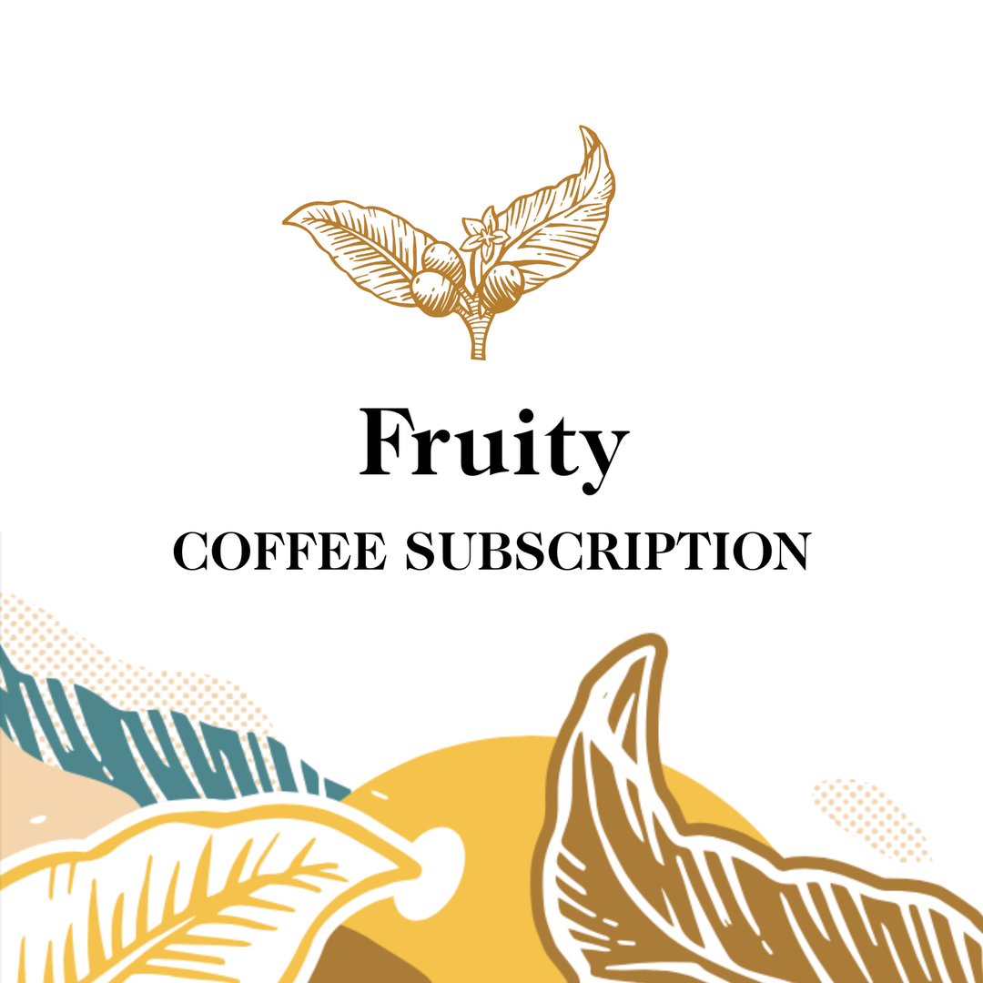 Transcend Coffee's Fruity coffee subscription logo with leaf designs on a white background