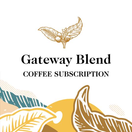 Transcend Coffee's Gateway Blend coffee subscription with leaf designs on a white background