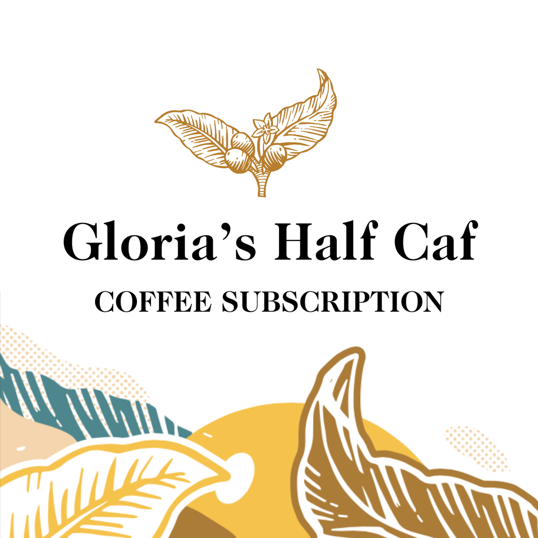 Transcend Coffee's Gloria's Half Caf coffee subscription with leaf designs on a white background