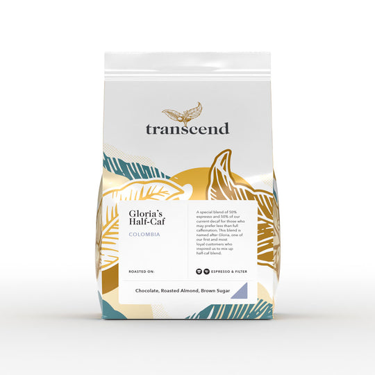 Transcend Coffee ¾ lb bag of Gloria’s Half Caf coffee