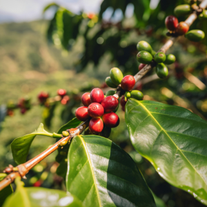 Red coffee cerries on a branch with green leaves and a blurred natural background