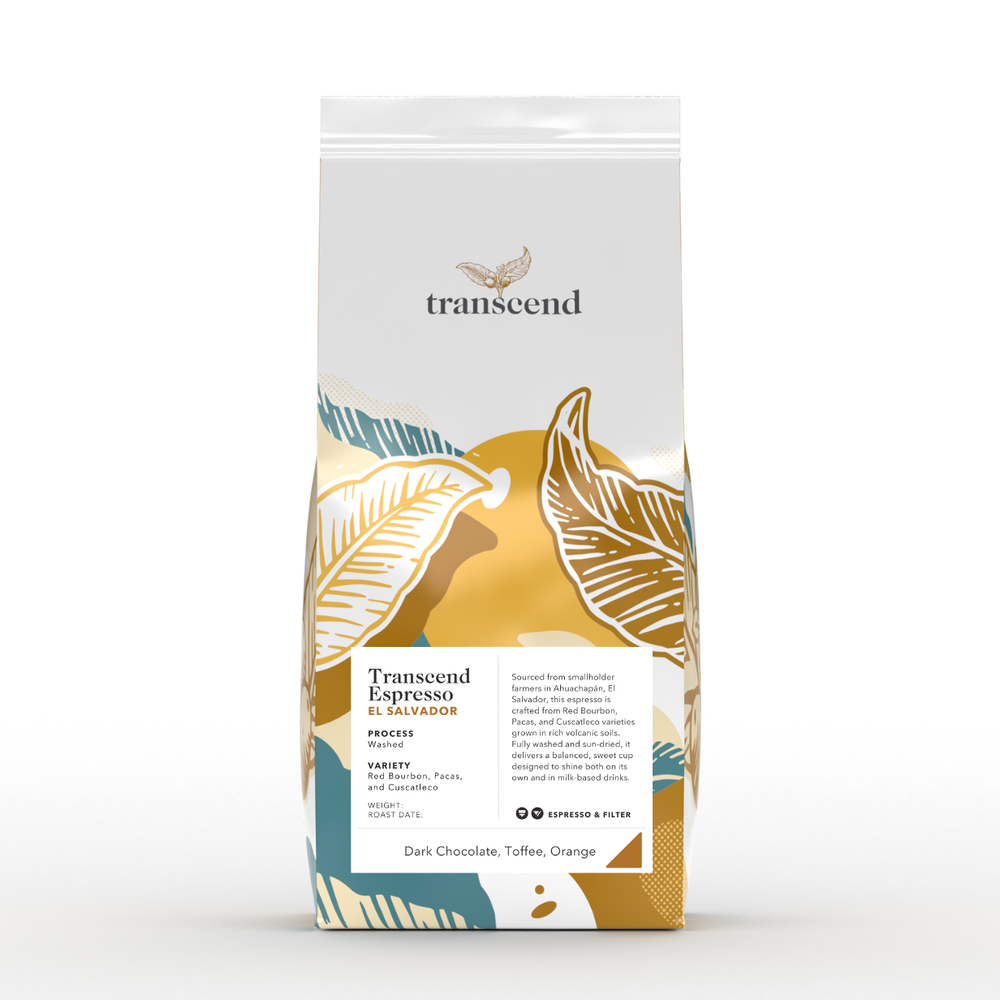 900g bag of Transcend Coffee’s Espresso El Salvador, with colourful label design and white packaging