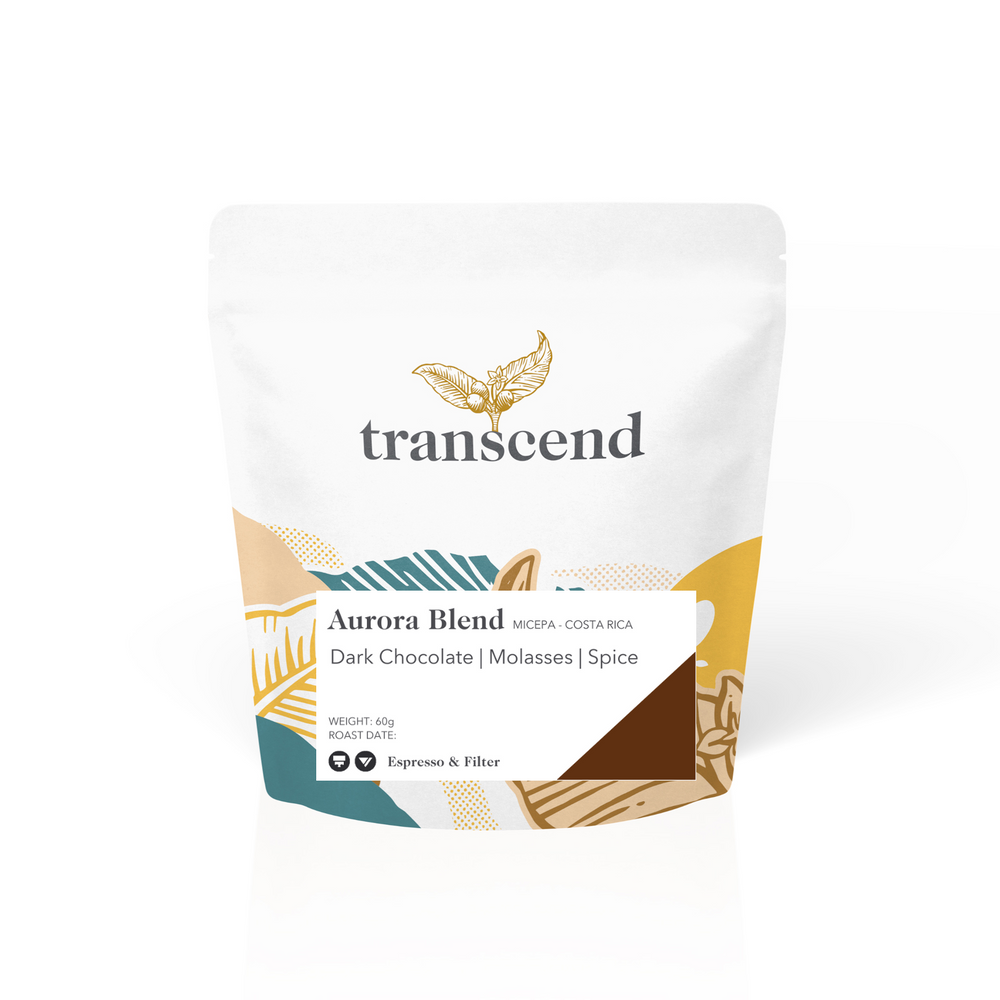 Transcend Aurora Blend coffee package on a white background