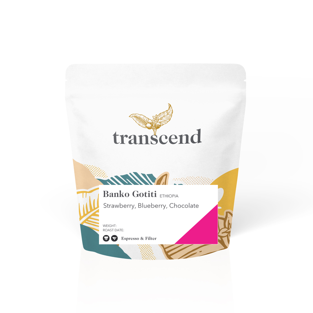 Transcend coffee package with colorful design on a white background