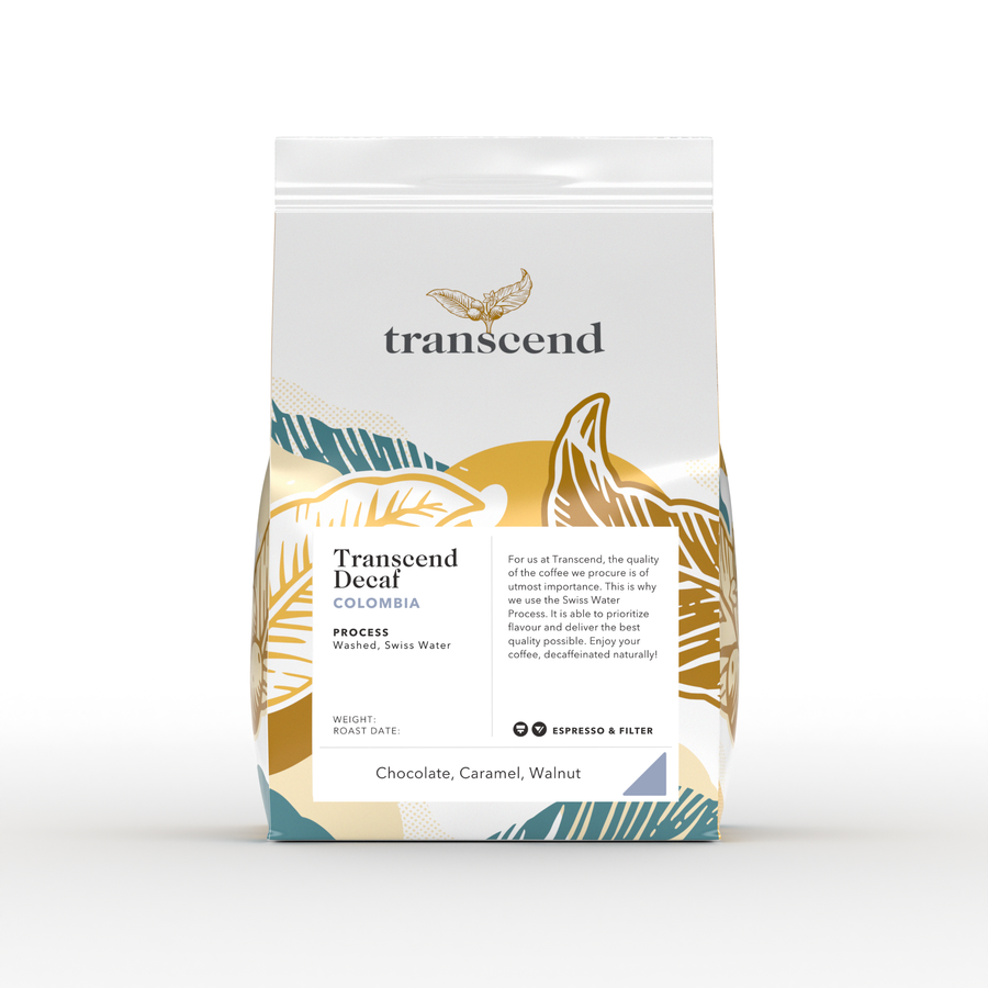 Transcend decaf coffee package on a white background