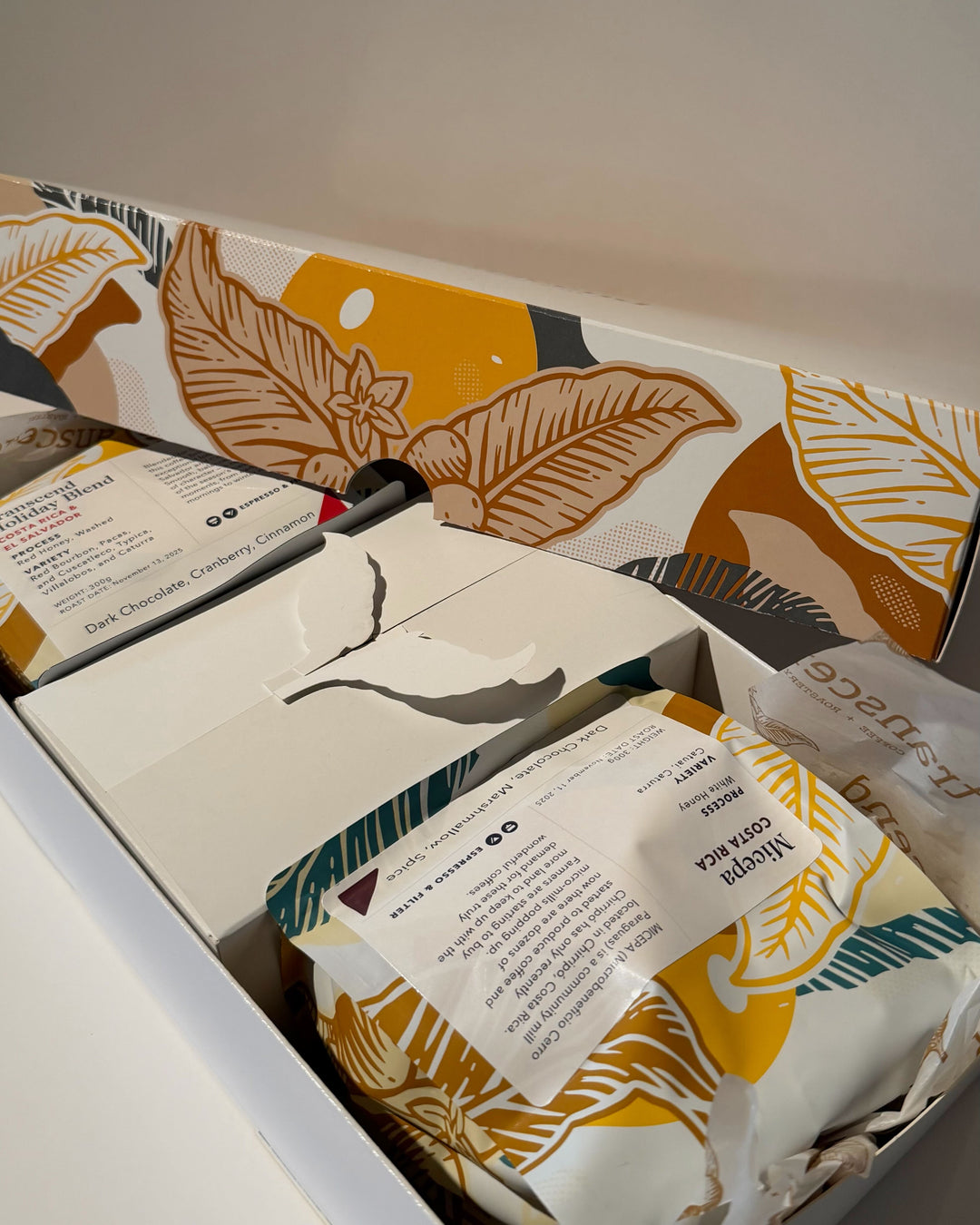 Two bags of Coffee in a Transcend branded gift box.