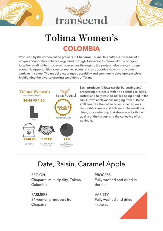 Transcend Coffee Tolima Women's Info Sheet