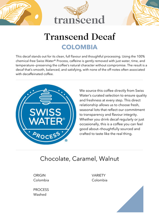 Transcend Decaf Colombia coffee info sheet with Swiss Water Process logo
