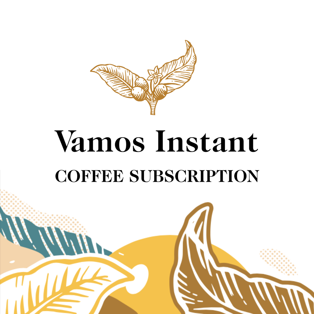 Transcend Coffee's Vamos Instant coffee subscription with leaf designs on a white background