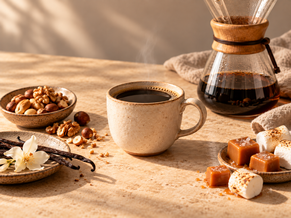 Coffee with nuts, vanilla and caramel