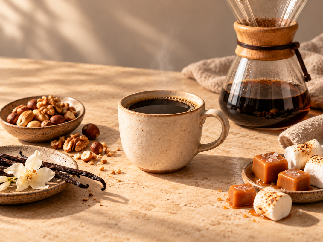 Coffee with nuts, vanilla and caramel