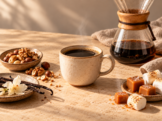 Coffee with nuts, vanilla and caramel