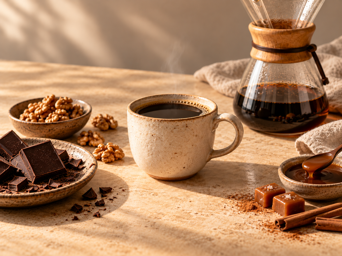 Coffee with chocolate, walnuts, cinnamon and caramel